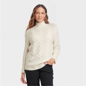 Knox Rose Women's Oversized Ivory Cable Knit Turtleneck Sweater